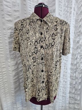 Dressbarn Vintage Black Cream Camel Floral Button-Up Blouse